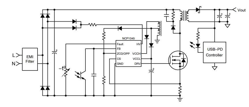 Schéma du circuit d'application - onsemi Contrôleurs Flyback quasi résonnants NCP1345
